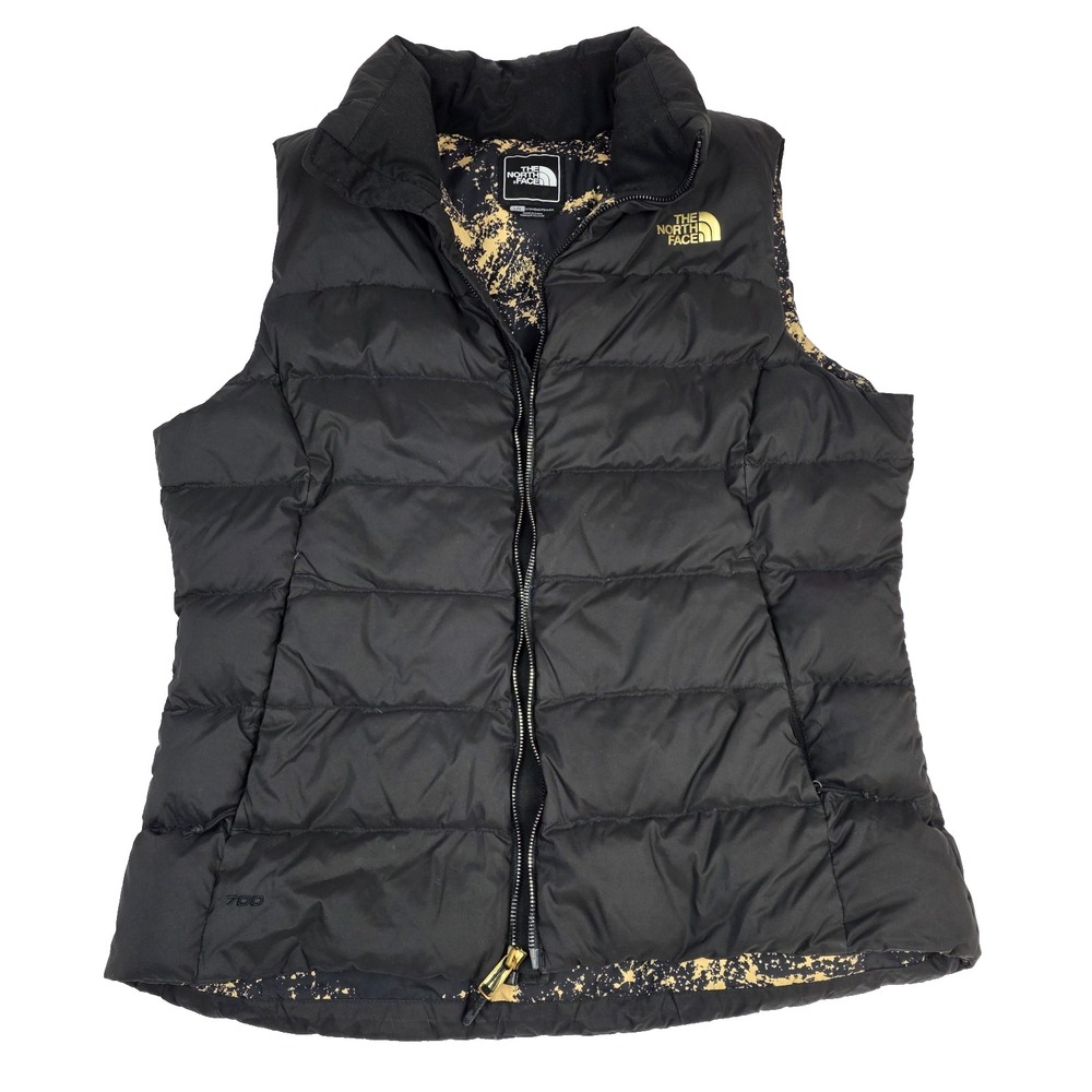 The North Face 700 Nuptse Womens Black Puffer Vest Size L Splatter Pattern